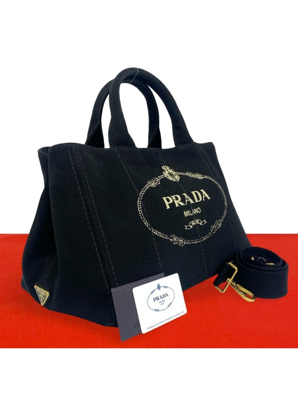 Prada Canapa Triangle Logo Canvas 2-Way Shoulder Bag Tote Black with Card